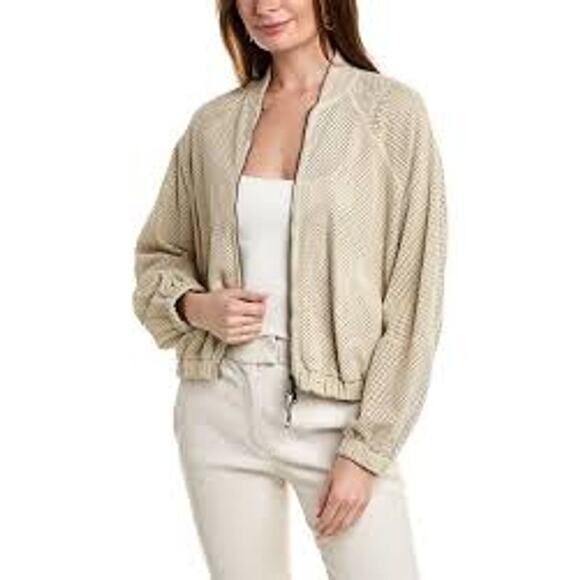 NWT Brunello Cucinelli Tan Cream Laser Cut 100% Leather Bomber Jacket 48 / XL - Picture 1 of 16